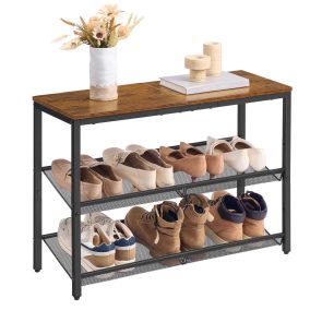   VASAGLE 3 szintes cipőtartó állvány állítható hálós polcokkal vintage barna-fekete