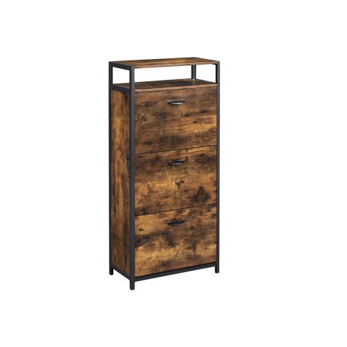 VASAGLE Ipari Stílusú Cipősszekrény 3 Lehajtható Ajtóval Rusztikus Barna-Fekete