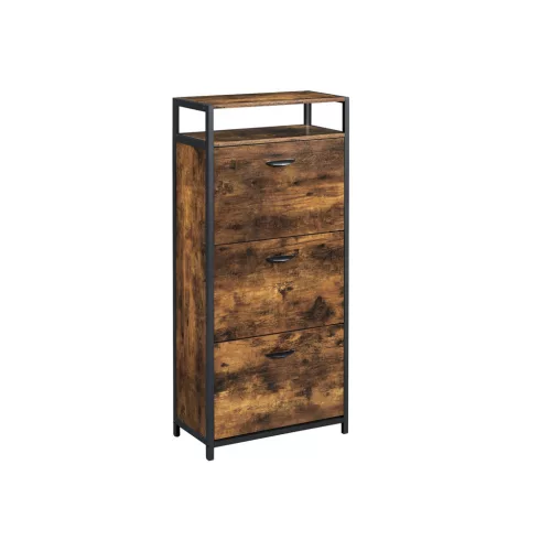 VASAGLE Ipari Stílusú Cipősszekrény 3 Lehajtható Ajtóval Rusztikus Barna-Fekete
