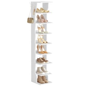   VASAGLE 9 szintes keskeny cipőtartó állvány matt fehér akasztókkal