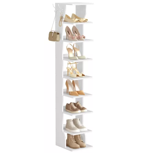 VASAGLE 9 szintes keskeny cipőtartó állvány matt fehér akasztókkal