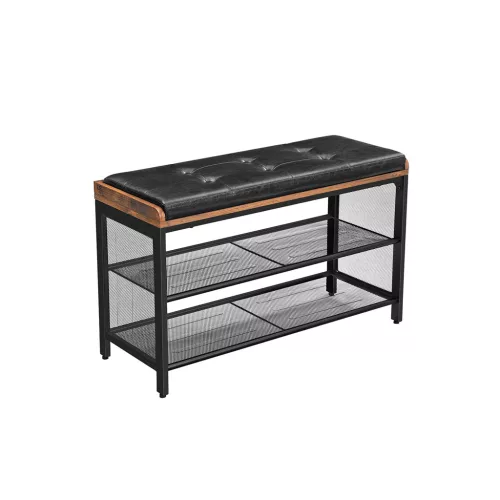 VASAGLE Copadion Cipőspad Párnázott Ülőke Fémhálós Polcokkal Vintage Barna-Fekete