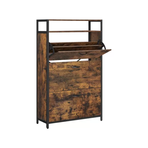 VASAGLE Ipari Stílusú Cipősszekrény 3 Billenő Ajtóval Vintage Barna-Fekete