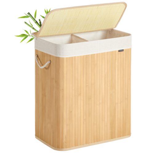 SONGMICS 100 literes szennyeskosár 2 rekeszes bambusz természetes
