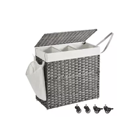   SONGMICS Rattan Hatású 3 Rekeszes Szennyestartó Kosár Fedéllel Szürke