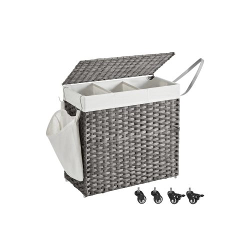 SONGMICS Rattan Hatású 3 Rekeszes Szennyestartó Kosár Fedéllel Szürke