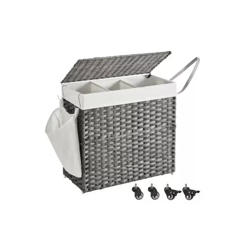 SONGMICS Rattan Hatású 3 Rekeszes Szennyestartó Kosár Fedéllel Szürke