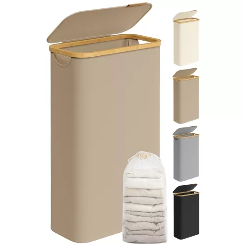 SONGMICS LCB506N02 Slim Szennyeskosár Fedéllel 65 L Oxford Szövet Bambusz Karamell Barna