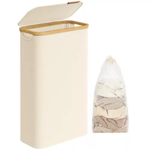 SONGMICS szennyeskosár fedéllel 65 literes krémfehér bambusz fogantyúval