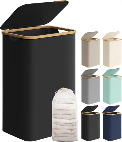 SONGMICS Bambusz Szennyestartó Kosár 90L Fekete Oxford Szövet Kivehető Hálós Béléssel