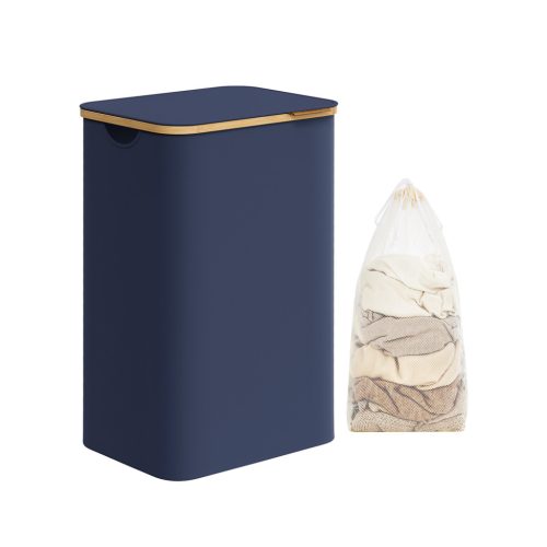 SONGMICS Nagy Szennyestartó Kosár Bambusz Fogantyúval Oxford Szövet Sötétkék