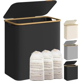   SONGMICS Premium 150L Háromrekeszes Szennyestartó Bambusz Fogantyúval Fekete