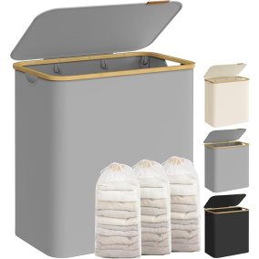   SONGMICS Premium 3-Rekeszes Szennyestartó Bambusz Fogantyúval Galambszürke