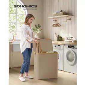   SONGMICS 3 Rekeszes Szennyestartó Kosár Fedéllel Oxford Szövet Tevebarna 150 L