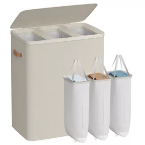   SONGMICS 190 L Hármas Rekeszes Szennyestartó Fedéllel és Fogantyúkkal Cappuccino Bézs
