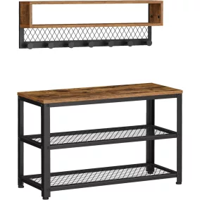   VASAGLE Ipari Stílusú Előszobai Szett Cipőspad és Fogas Kombinációval Rusztikus Barna