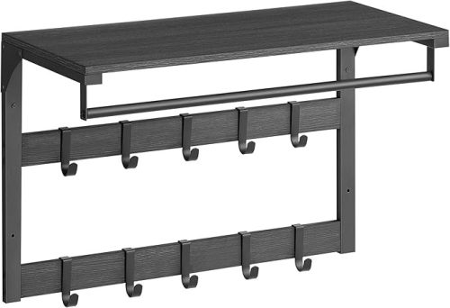 VASAGLE Fali Fogas Polccal Ipari Stílusú 10 Levehető Akasztóval Antracit-Fekete