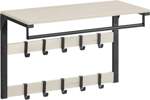 VASAGLE Rusztikus Fehér Fali Fogas Polccal és 10 Levehető Akasztóval