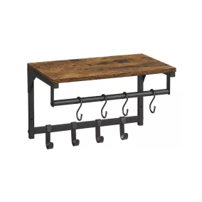   VASAGLE Vintage Fali Fogas Polccal és 8 Levehető Akasztóval Rusztikus Barna-Fekete