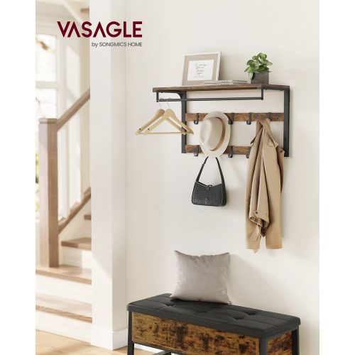 VASAGLE Industrial Fali Fogas Polccal 10 Levehető Akasztóval Vintage Fekete