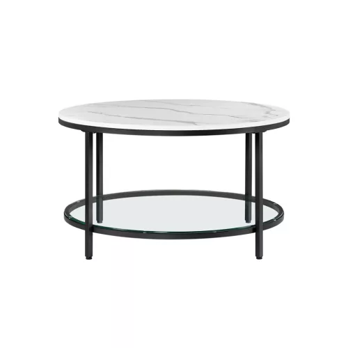 VASAGLE Modern Márvány Hatású Dohányzóasztal Üvegpolccal Fekete Vázas