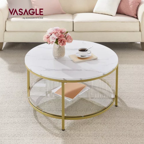 VASAGLE LCT071W59 dohányzóasztal kerek márványmintás fehér arany acél lábakkal
