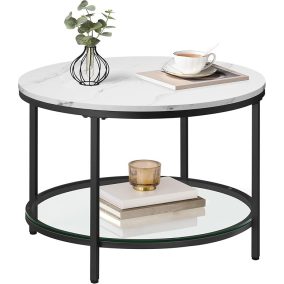   VASAGLE Modern Márvány Dohányzóasztal Üvegpolccal Fehér-Fekete