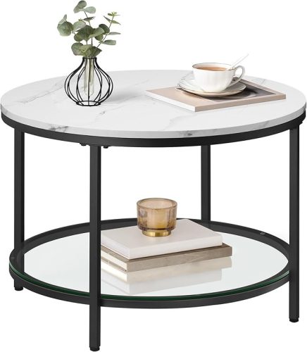 VASAGLE Modern Márvány Dohányzóasztal Üvegpolccal Fehér-Fekete