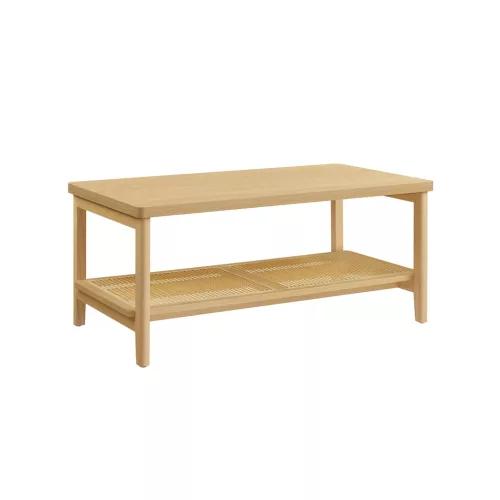 VASAGLE Boho Kétsoros Dohányzóasztal Rattán Tárolópolccal Tölgy Bézs