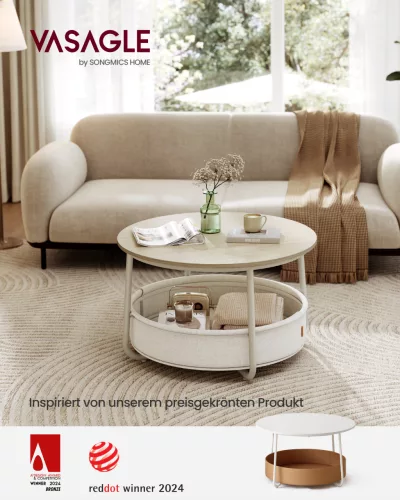 VASAGLE LCT244K01 Kerek Dohányzóasztal Tárolóhellyel Természetes Bézs/Krémfehér