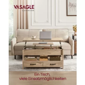   VASAGLE magasságállítható dohányzóasztal gázcilinder 2 fiókkal és 3 rejtett rekesszel tevebarna