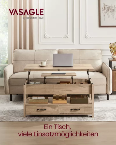 VASAGLE magasságállítható dohányzóasztal gázcilinder 2 fiókkal és 3 rejtett rekesszel tevebarna