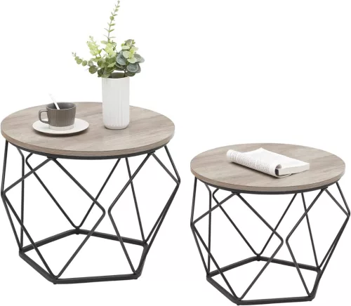 VASAGLE Geometrikus Kerek Dohányzóasztal Szett Vintage Stílusban Greige-Fekete