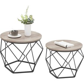   VASAGLE kerek dohányzóasztal szett 2 db-os forgácslap acél greige-fekete geometrikus dizájn