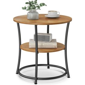   VASAGLE DAINTREE Rusztikus Kerek Kisasztal Tárolópolccal Diófa-Fekete