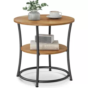   VASAGLE DAINTREE Rusztikus Kerek Kisasztal Tárolópolccal Diófa-Fekete