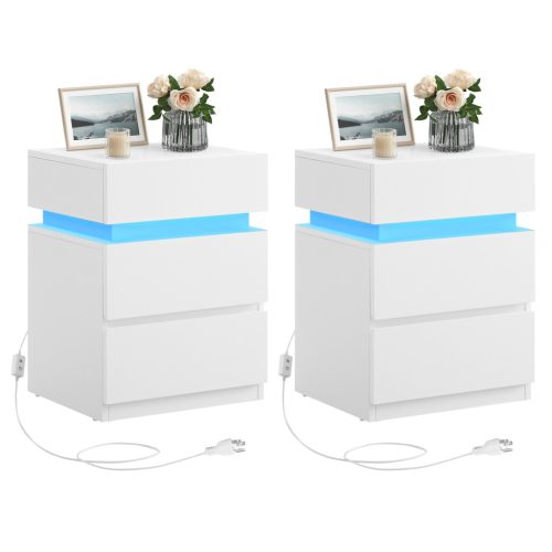 VASAGLE LED Éjjeliszekrény 3 Fiókos Fehér Állítható Színű Világítással