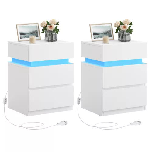 VASAGLE LED Éjjeliszekrény 3 Fiókos Fehér Állítható Színű Világítással
