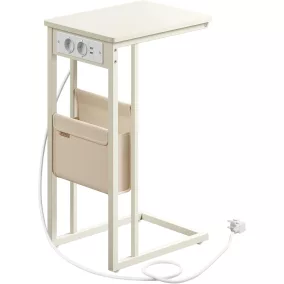   VASAGLE C-alakú Kisasztal Beépített Konnektorokkal Krémfehér