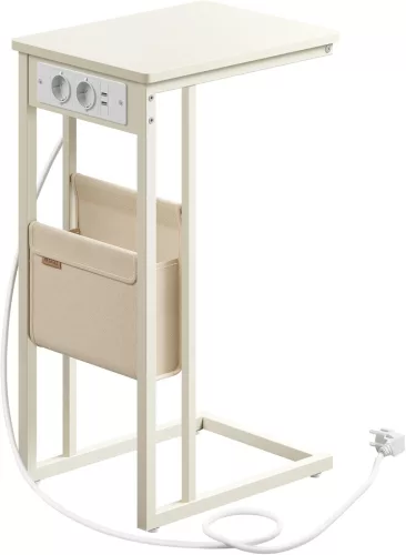 VASAGLE C-alakú Kisasztal Beépített Konnektorokkal Krémfehér