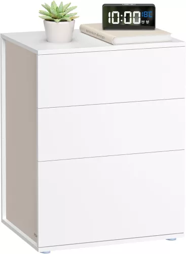 VASAGLE Modern Minimál Éjjeliszekrény 3 Fiókos Szerszámmentes Matt Fehér-Cappuccino