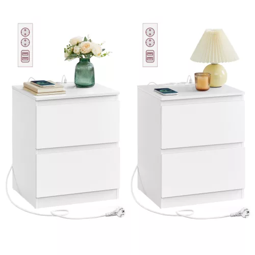 VASAGLE KAILYN éjjeliszekrény beépített töltőállomással 2 db-os szett felhőfehér