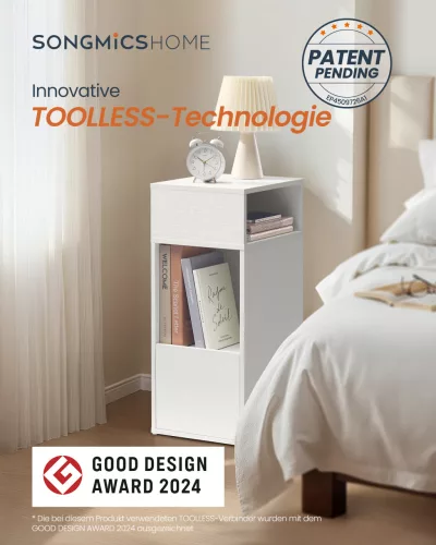 SONGMICS HOME Slim éjjeliszekrény szerszám nélküli összeszerelés 2 nyitott rekesszel és 1 fiókkal 30 x 25 x 59,4 cm fehér