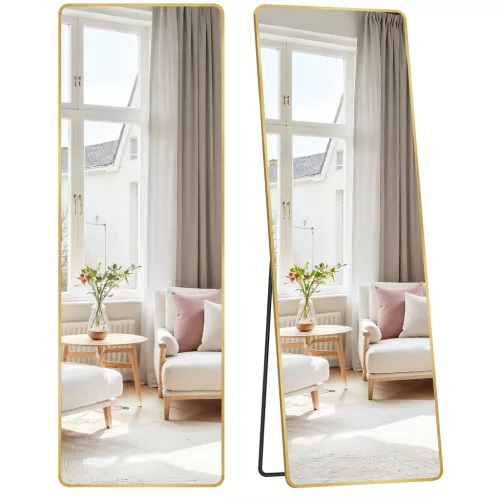 SONGMICS teljes alakos tükör 160 x 50 cm alumínium ötvözet kerettel edzett üveggel halvány arany