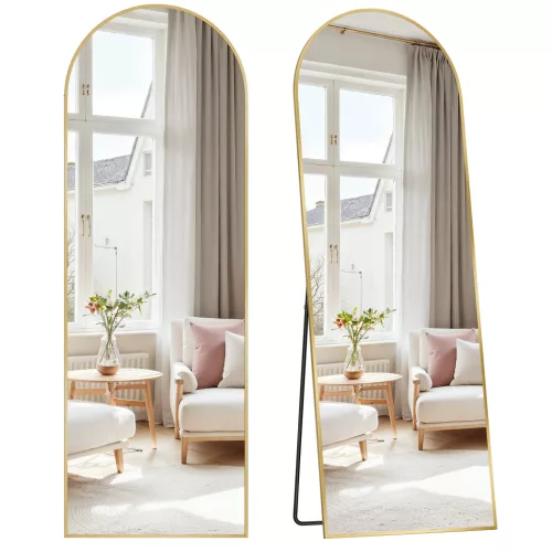 SONGMICS teljes alakos tükör 160 x 50 cm íves alumínium kerettel edzett üveg halvány arany