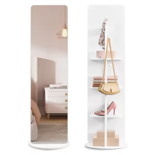 SONGMICS álló tükör 360° forgatható polcokkal és akasztókkal 163 x 45 cm felhőfehér