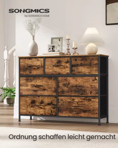 SONGMICS 7 fiókos komód acél MDF szövet rusztikus barna fekete