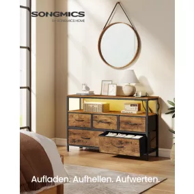   SONGMICS BELLAH Fiókos Szekrény LED Világítással és Beépített Konnektorral Rusztikus Barna Fekete