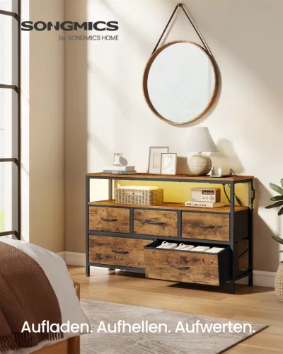 SONGMICS BELLAH Fiókos Szekrény LED Világítással és Beépített Konnektorral Rusztikus Barna Fekete