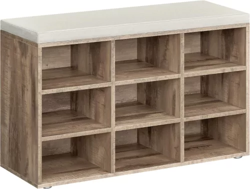 VASAGLE Előszobai Cipőspad Ülőpárnával és 9 Rekesszel Tevebarna